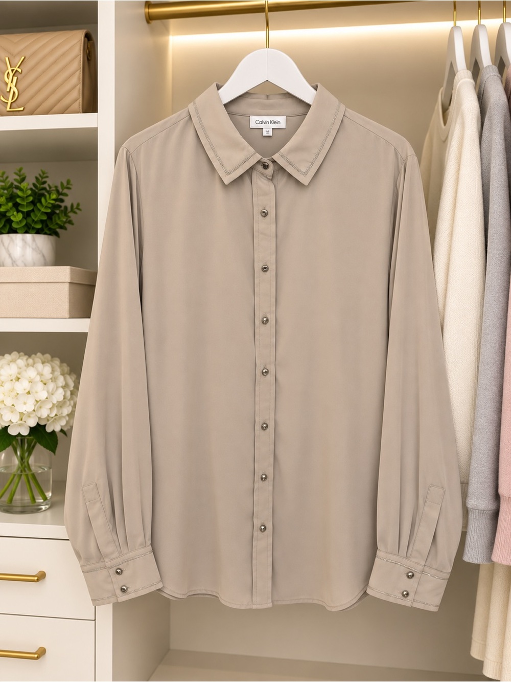 Calvin Klein Women’s Light Taupe Button-Front Dress Shirt NWT